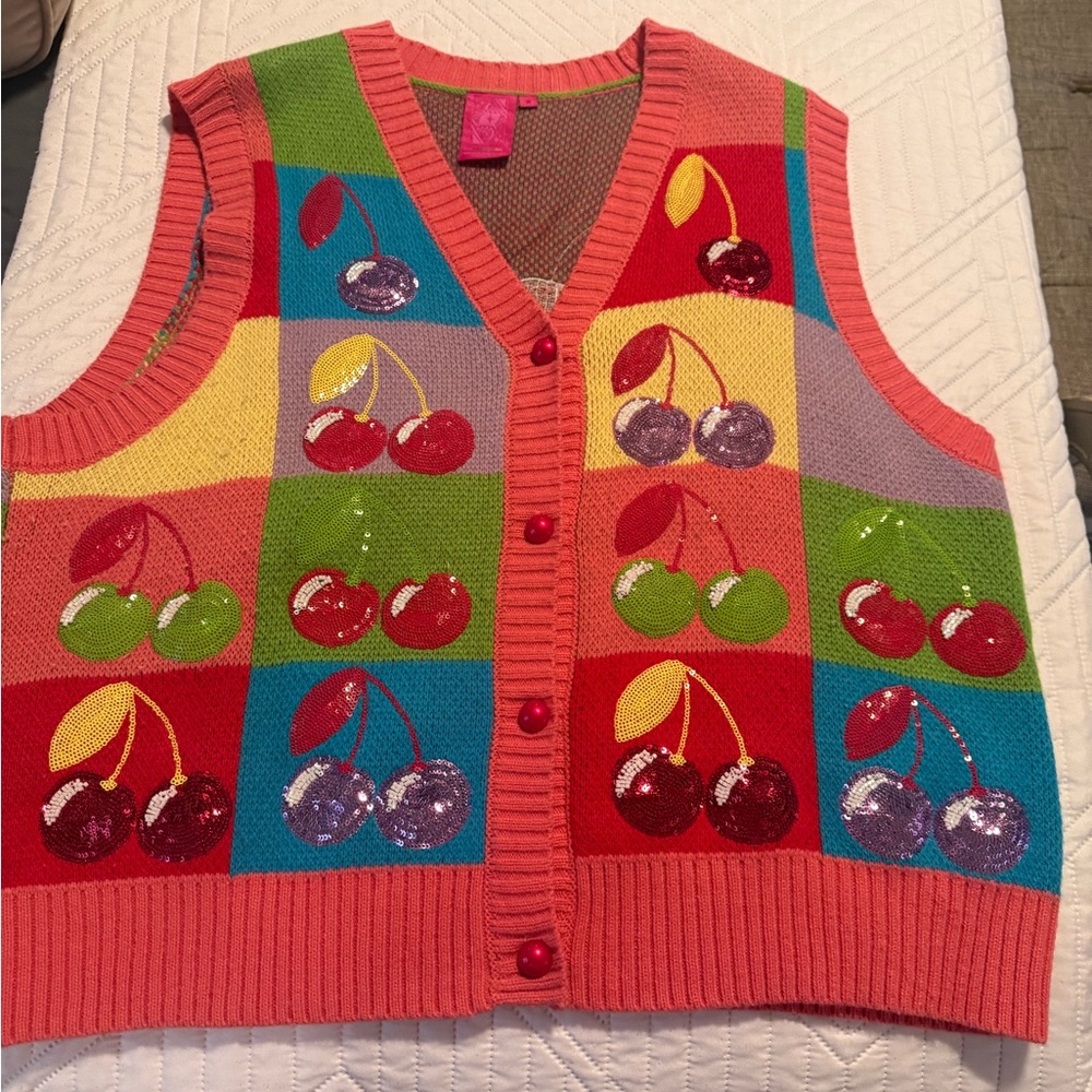 QUEEN OF SPARKLES V-Neck Cherry Patchwork Sweater